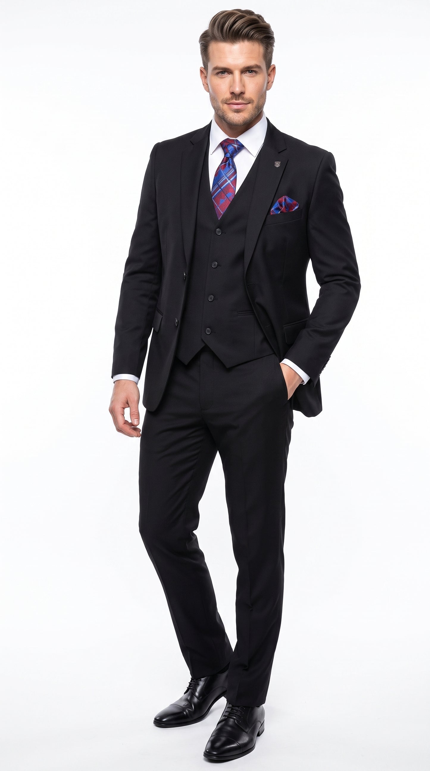 Men’s Black 3 Piece 2 Button Suit, Vested Formal Wedding Business Dress Suit Set