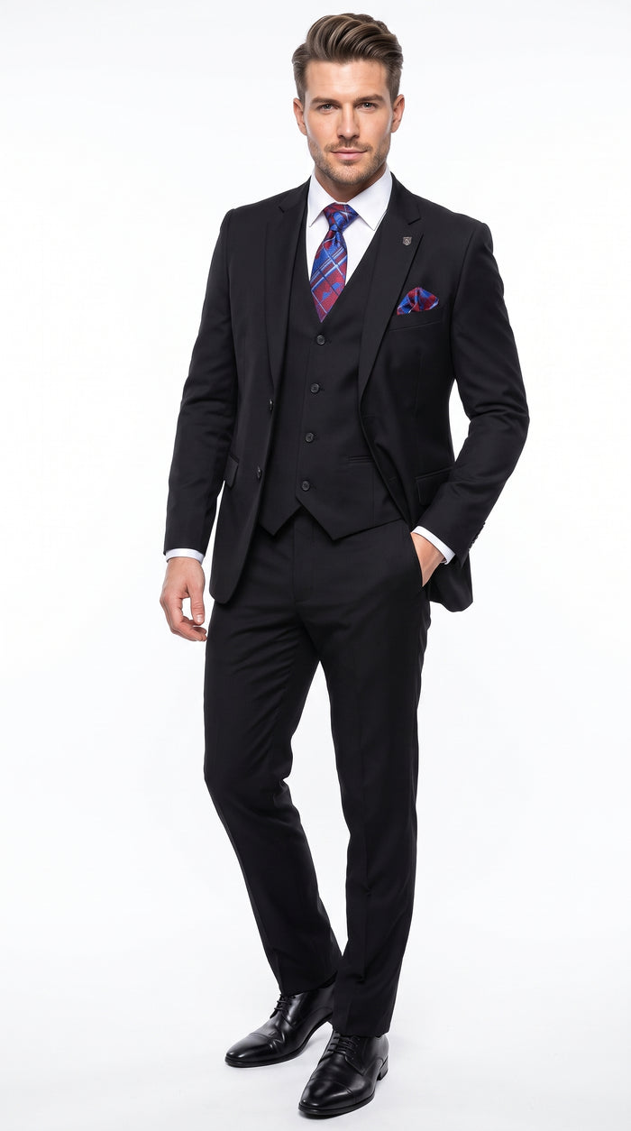Men’s Black 3 Piece 2 Button Suit, Vested Formal Wedding Business Dress Suit Set
