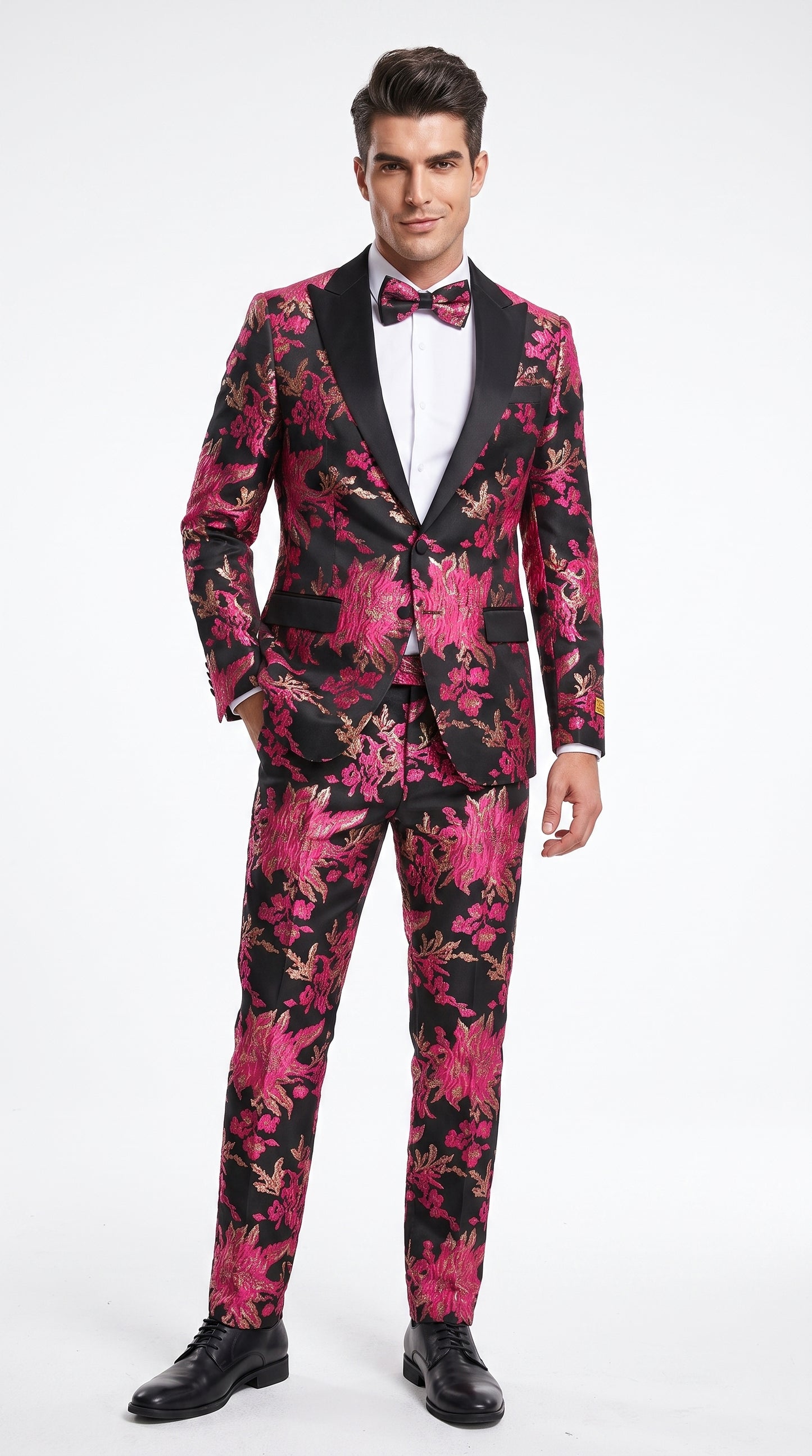 Men’s Fuchsia Pink and Black Floral Paisley Prom Tuxedo Suit, Shawl Lapel Wedding Party Formal Wear