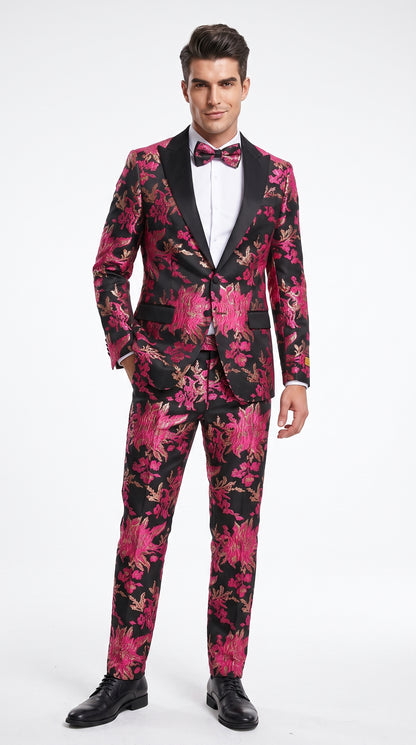Men’s Fuchsia Pink and Black Floral Paisley Prom Tuxedo Suit, Shawl Lapel Wedding Party Formal Wear