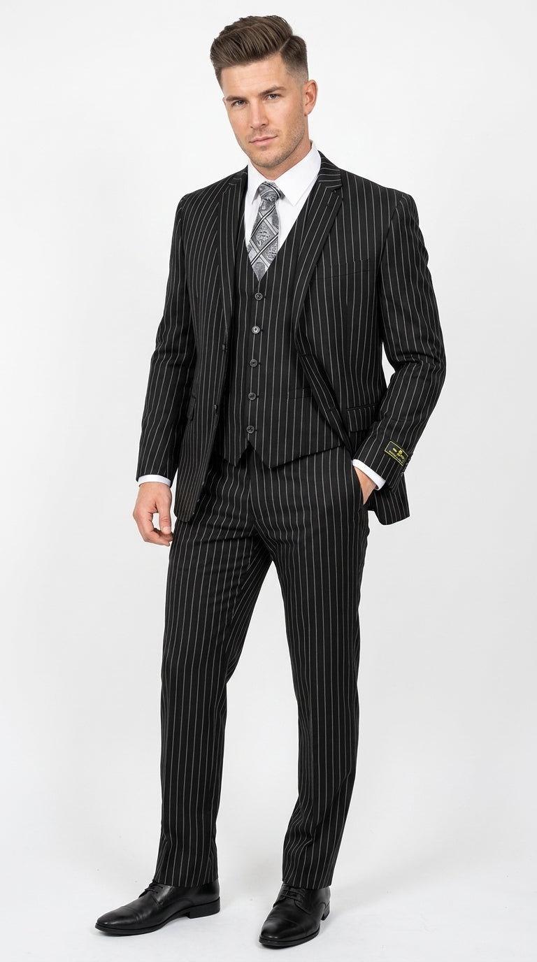 Men’s Jet Liquid Black Suit with White Pinstripes, 2 Button Vested Formal Dress Suit Modern Fit
