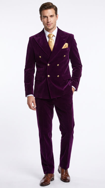 Men’s Rossi Man Zeus Purple Velvet Double Breasted Tuxedo Suit, Formal Wedding Prom Dinner Suit Set