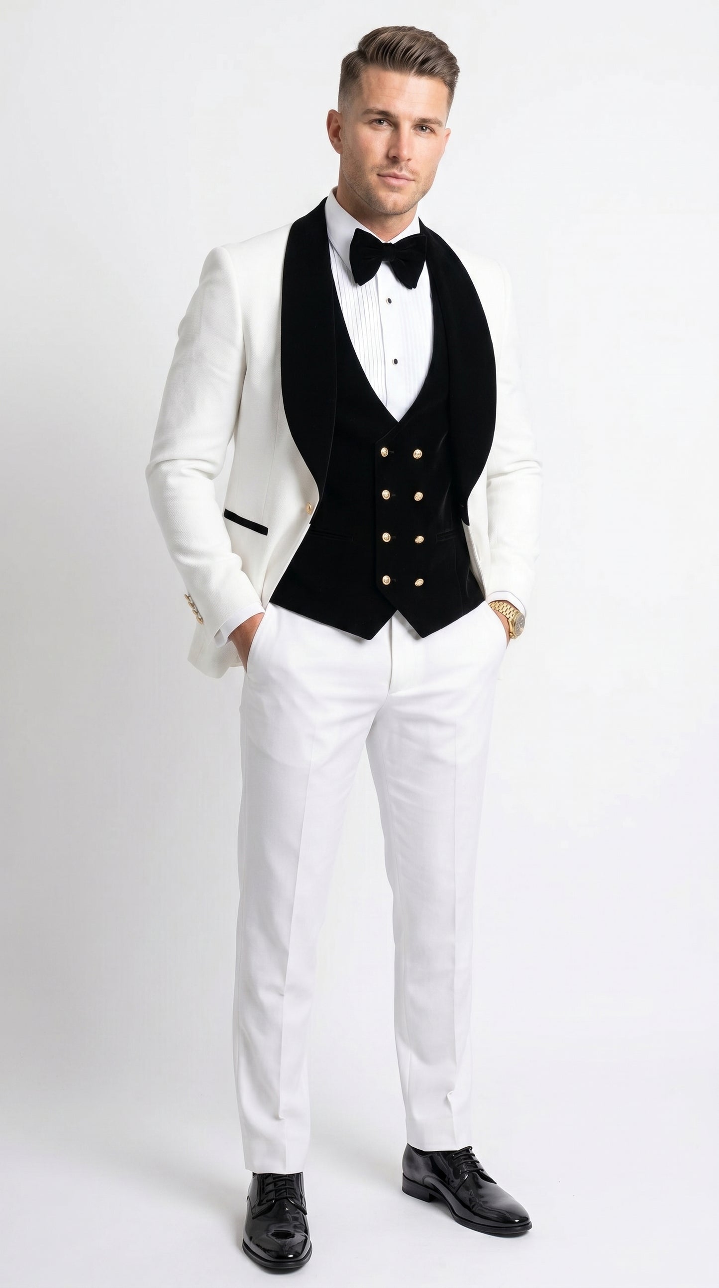 Men’s White and Black Wedding Tuxedo with Black Double Breasted Vest, Groom Prom Suit