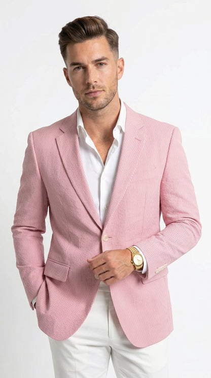 Men’s Light Red Seersucker Blazer Jacket with Notch Lapel, Dress Casual Sport Coat