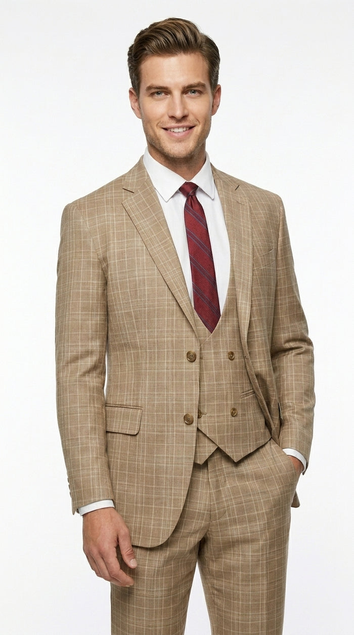 Men’s Renaissance Collection Camel 3 Piece Suit with Jacket, Vest and Pants, Formal Wedding Dress Suit Modern Fit