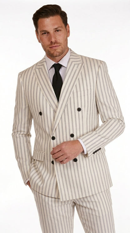 Men’s Off White Double Breasted Pinstripe Suit with Jacket and Pants, Formal Wedding Dress Suit