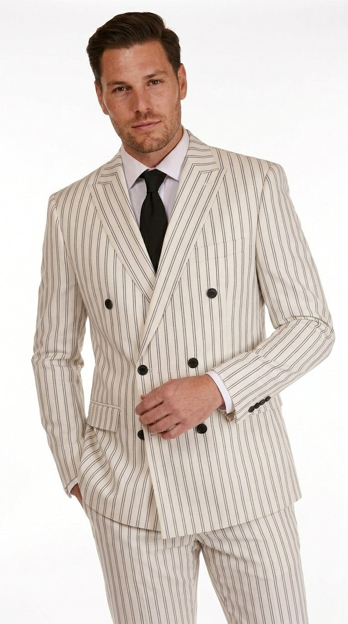 Men’s Off White Double Breasted Pinstripe Suit with Jacket and Pants, Formal Wedding Dress Suit