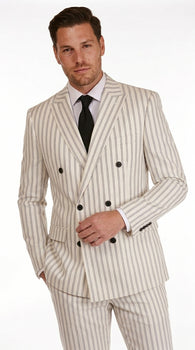 Men’s Off White Double Breasted Pinstripe Suit with Jacket and Pants, Formal Wedding Dress Suit