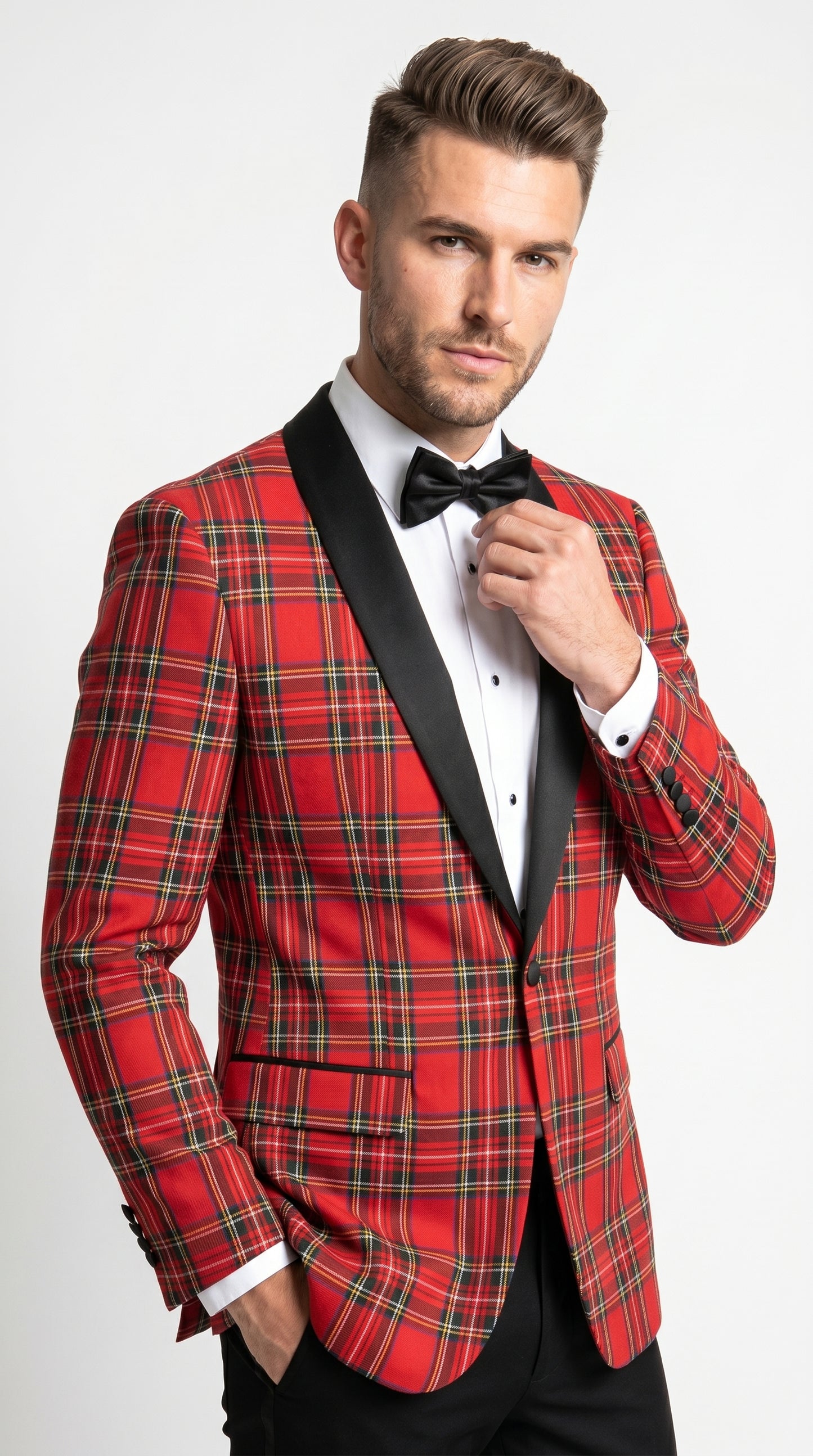 Men’s Red Tartan Plaid Tuxedo Jacket with Black Shawl Lapel, Holiday Christmas Wedding Prom Blazer