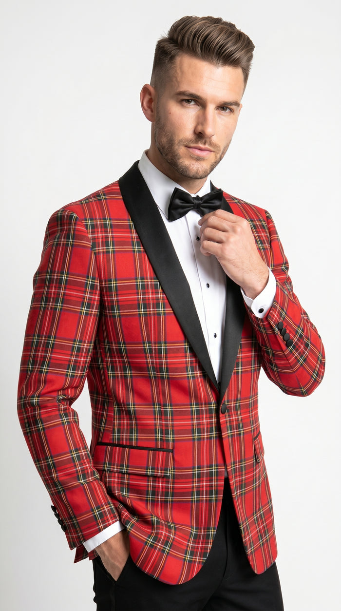 Men’s Red Tartan Plaid Tuxedo Jacket with Black Shawl Lapel, Holiday Christmas Wedding Prom Blazer