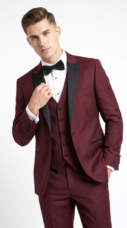 Men’s Burgundy Wine Tuxedo Suit with Black Peak Lapel, Jacket and Pants Formal Dinner Suit