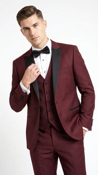 Men’s Burgundy Wine Tuxedo Suit with Black Peak Lapel, Jacket and Pants Formal Dinner Suit