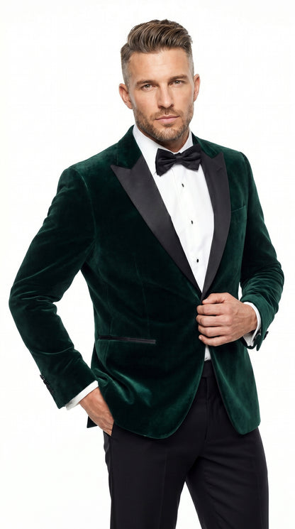 Men’s Olive Hunter Green Velvet Tuxedo Jacket with Black Satin Lapel, Formal Wedding Dinner Blazer