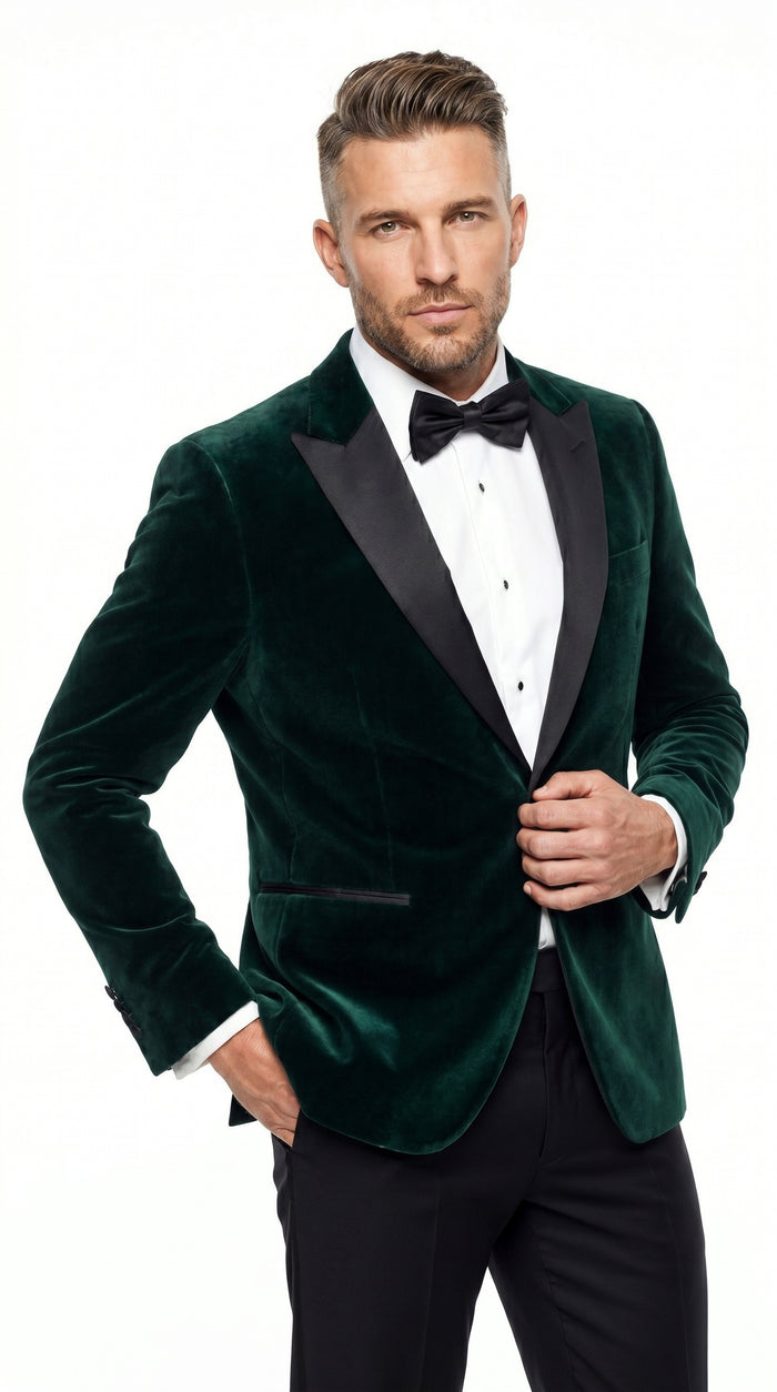 Men’s Olive Hunter Green Velvet Tuxedo Jacket with Black Satin Lapel, Formal Wedding Dinner Blazer