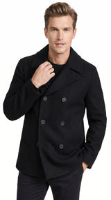 Men’s Black Big and Tall Wool Peacoat with Three Button Double Breasted Closure