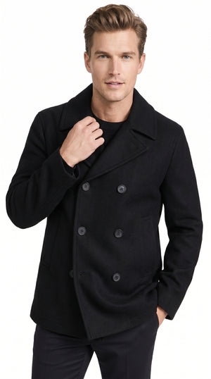 Men’s Black Big and Tall Wool Peacoat with Three Button Double Breasted Closure