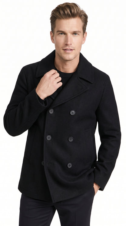 Men’s Black Big and Tall Wool Peacoat with Three Button Double Breasted Closure