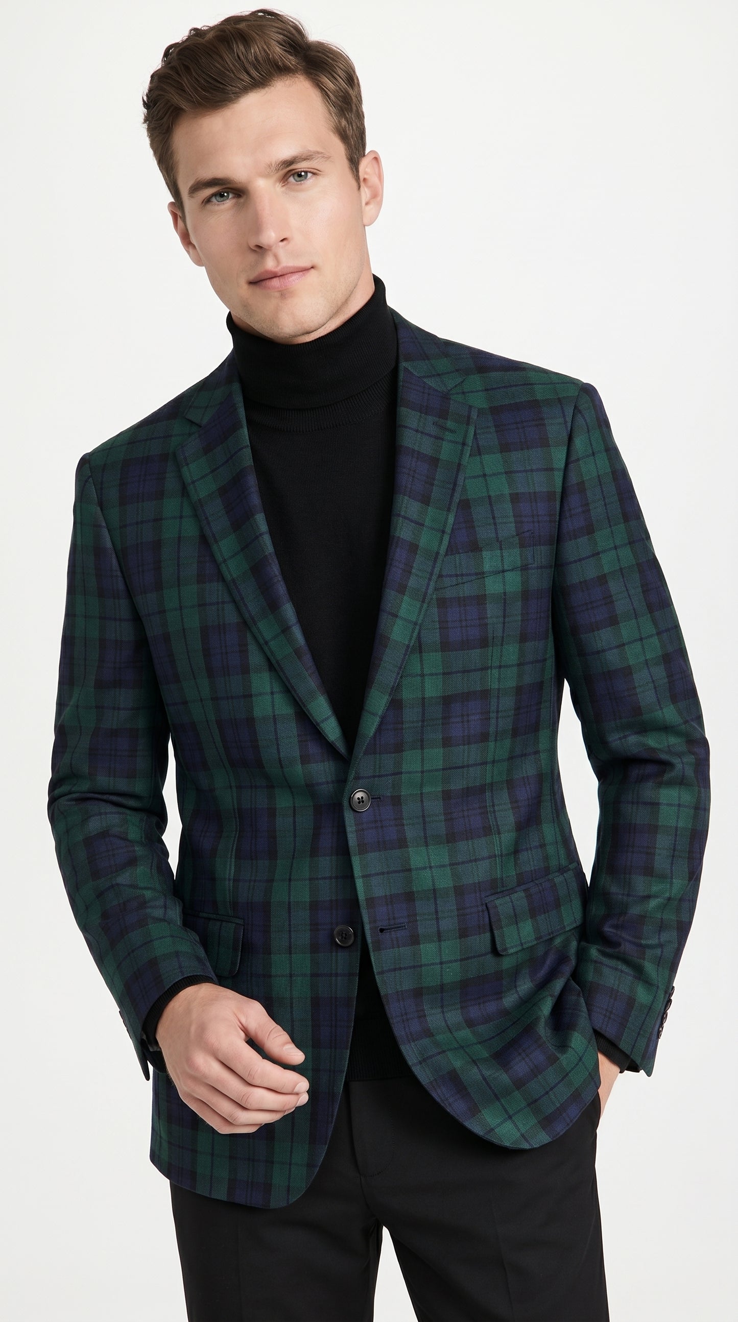 Men’s Green Tartan Plaid Dinner Jacket with Notch Lapel, Formal Sportcoat Blazer