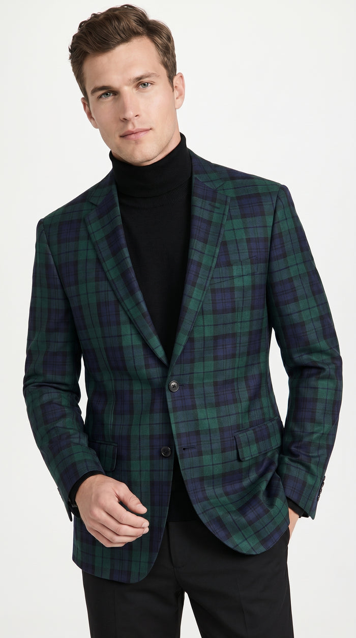 Men’s Green Tartan Plaid Dinner Jacket with Notch Lapel, Formal Sportcoat Blazer