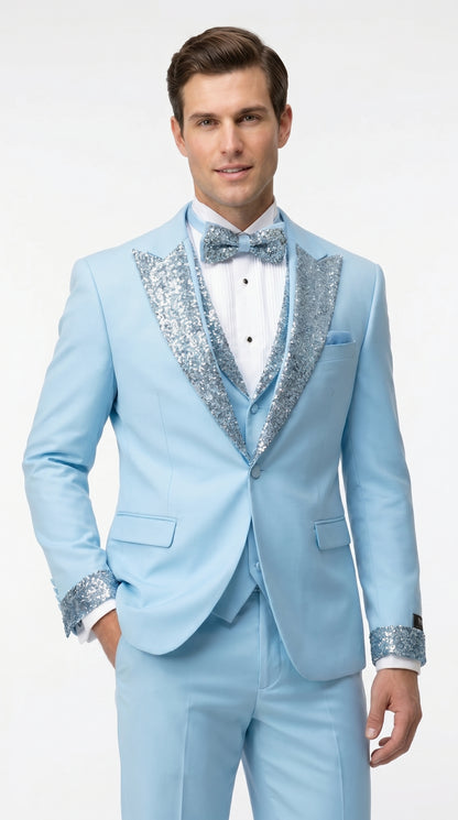 Men’s Baby Blue Prom Tuxedo with Vested Suit, Rhinestone Sequin Lapel and Matching Pants