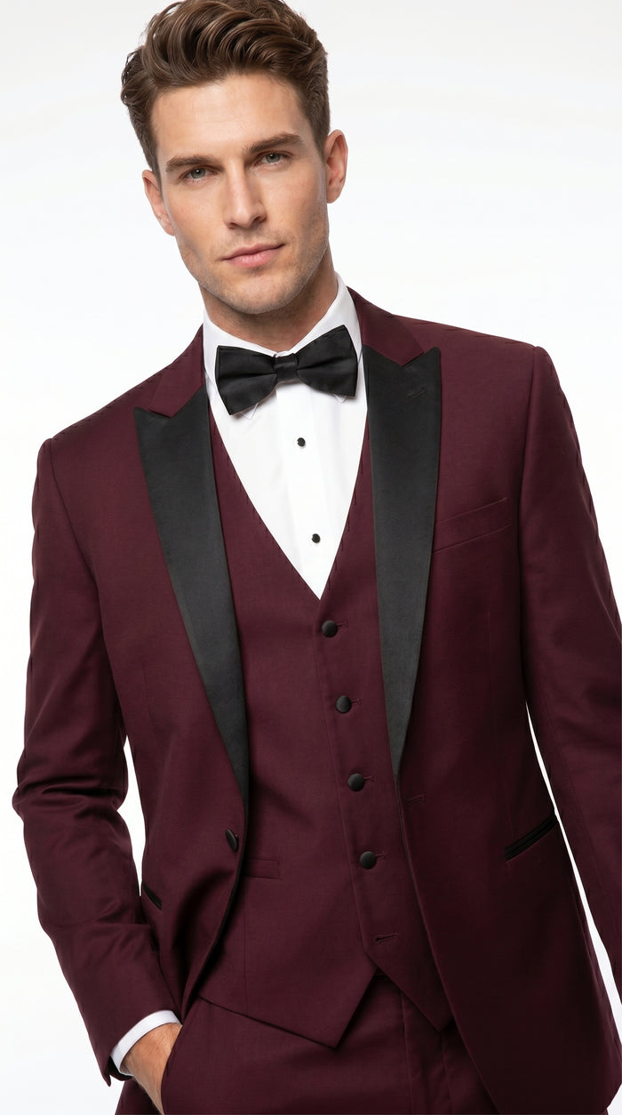 Men’s Burgundy Vested Wedding Tuxedo, One Button Jacket with Black Peak Lapel and Matching Pants