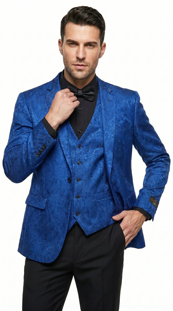Men’s Royal Blue Indigo Paisley Prom Tuxedo Suit with Floral Jacket, Vest and Pants