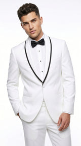 Men’s Waverly White 1 Button Shawl Tuxedo Jacket with Black Trim, Ike Evening Formal Blazer