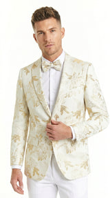 Men’s Off White and Gold Floral Paisley Tuxedo Blazer, Big and Tall Sparkling Formal Sport Coat