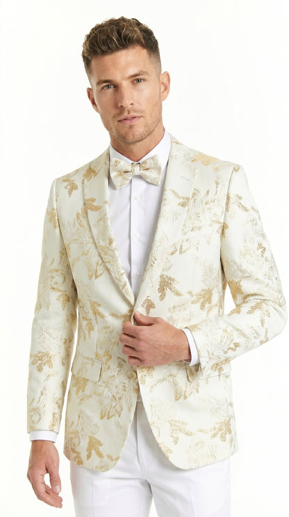 Men’s Off White and Gold Floral Paisley Tuxedo Blazer, Big and Tall Sparkling Formal Sport Coat