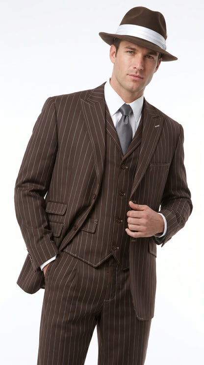 Men’s Brown Pinstripe Zoot Suit with 3 Button Jacket, Vest and Wide Leg Pants, 1920s Gangster Suit