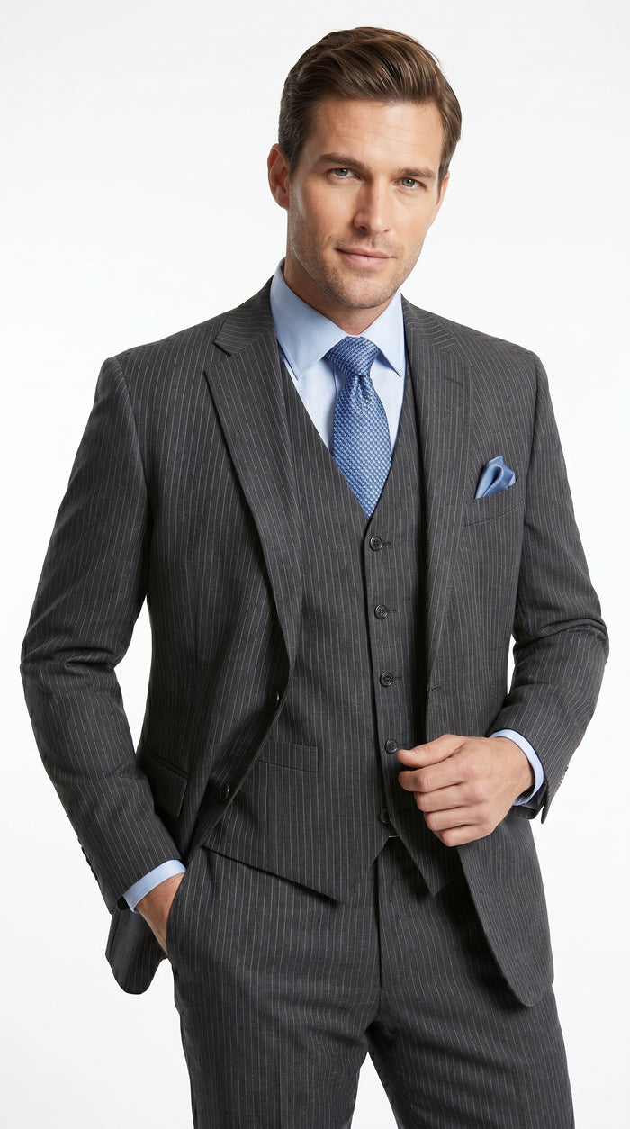 Men’s Charcoal Gray Pinstripe 3 Piece Vested Suit with 2 or 3 Button Jacket, Formal Dress Suit