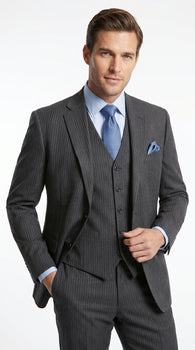 Men’s Charcoal Gray Pinstripe 3 Piece Vested Suit with 2 or 3 Button Jacket, Formal Dress Suit