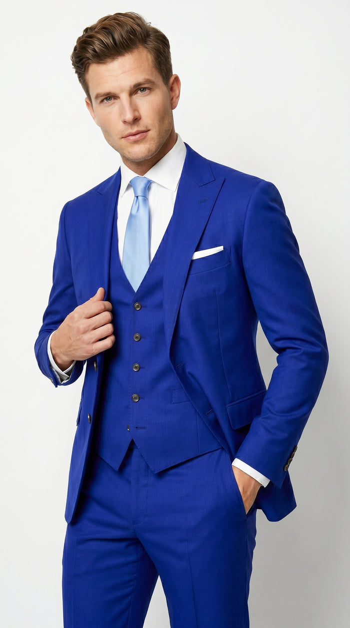 Men’s Electric Royal Blue Suit with Two Flap Front Pockets, Formal Wedding Prom Dress Suit