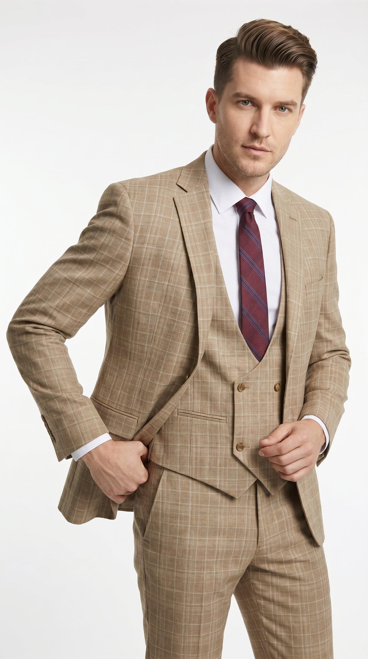 Men’s Camel Plaid Windowpane Vested Suit with 2 Button Jacket, Peak Lapel and Matching Pants