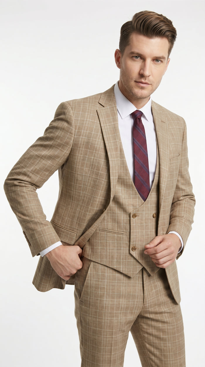 Men’s Camel Plaid Windowpane Vested Suit with 2 Button Jacket, Peak Lapel and Matching Pants Modern Fit