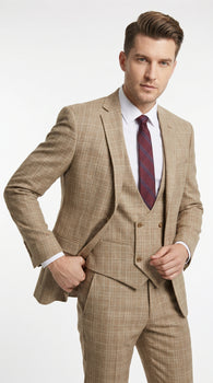 Men’s Camel Plaid Windowpane Vested Suit with 2 Button Jacket, Peak Lapel and Matching Pants