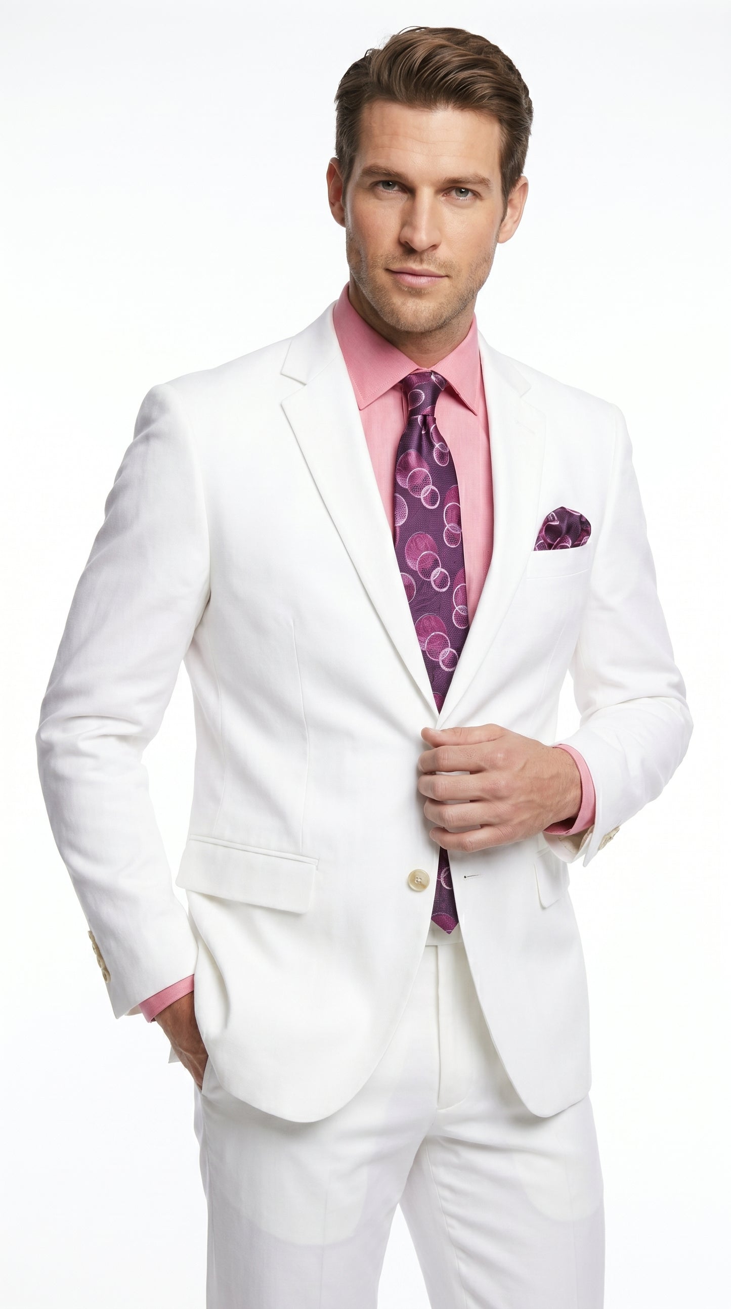 Men’s White Linen 2 Piece Suit with Two Button Jacket, Side Vents and Matching Pants