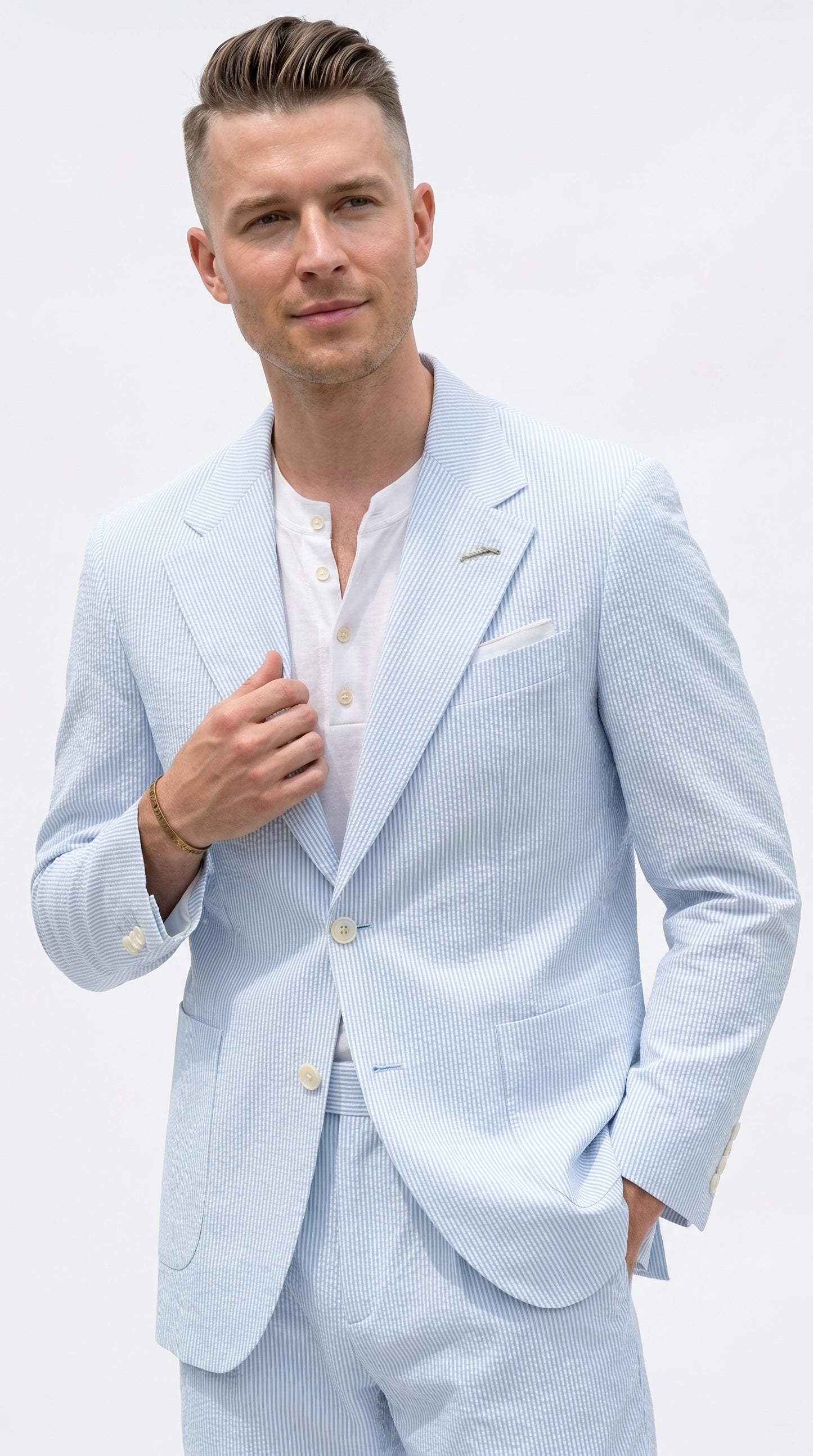 Men’s Light Blue Seersucker Suit with Shorts, Summer Mini Pinstripe Casual Dress Outfit