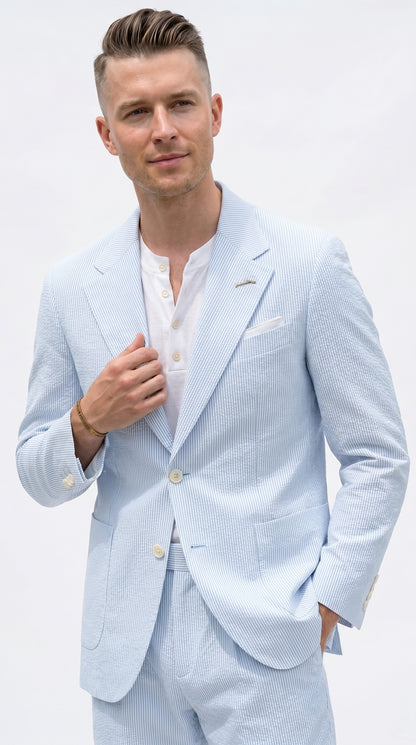 Men’s Light Blue Seersucker Suit with Shorts, Summer Mini Pinstripe Casual Dress Outfit