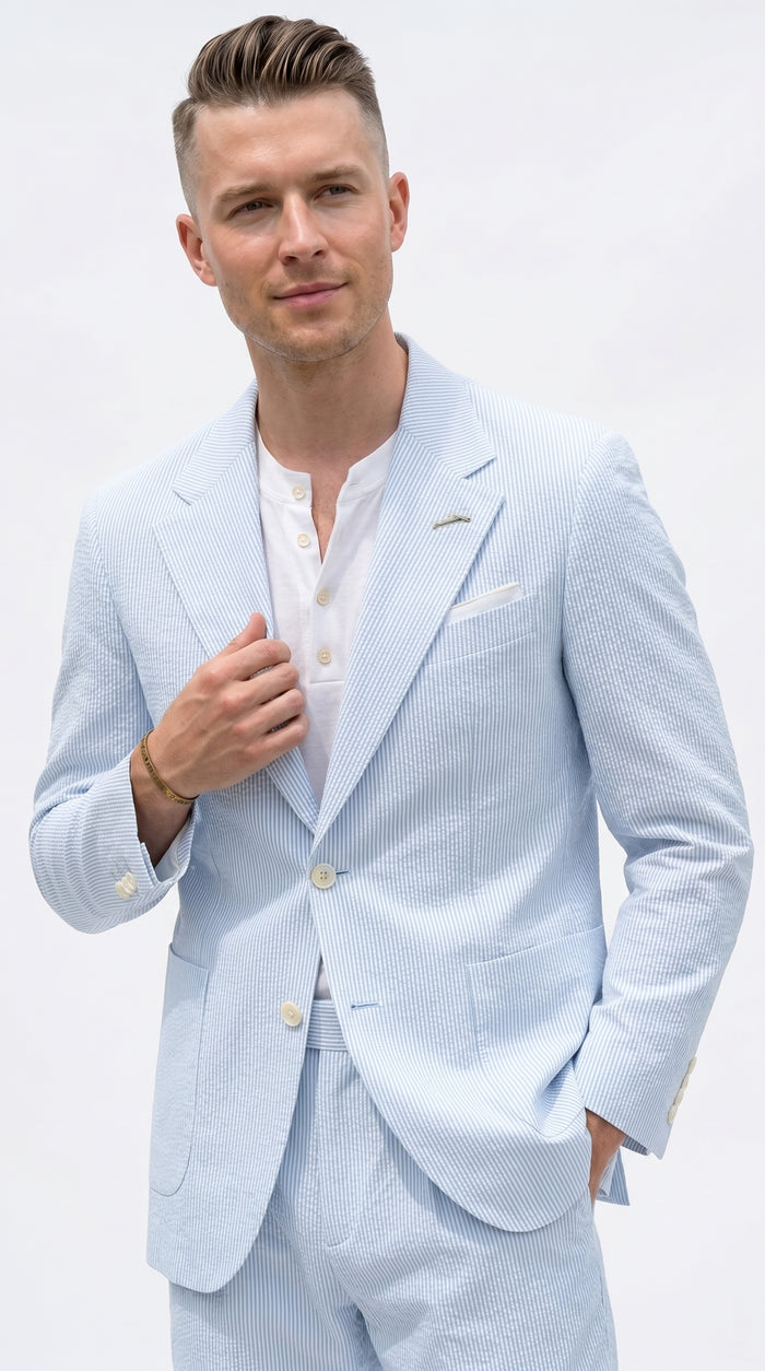 Men’s Light Blue Seersucker Suit with Shorts, Summer Mini Pinstripe Casual Dress Outfit