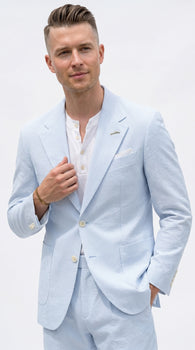 Men’s Light Blue Seersucker Suit with Shorts, Summer Mini Pinstripe Casual Dress Outfit