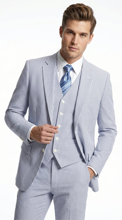 Men’s Light Blue Seersucker Suit with Jacket, Vest and Pants, High Quality Summer Dress Suit