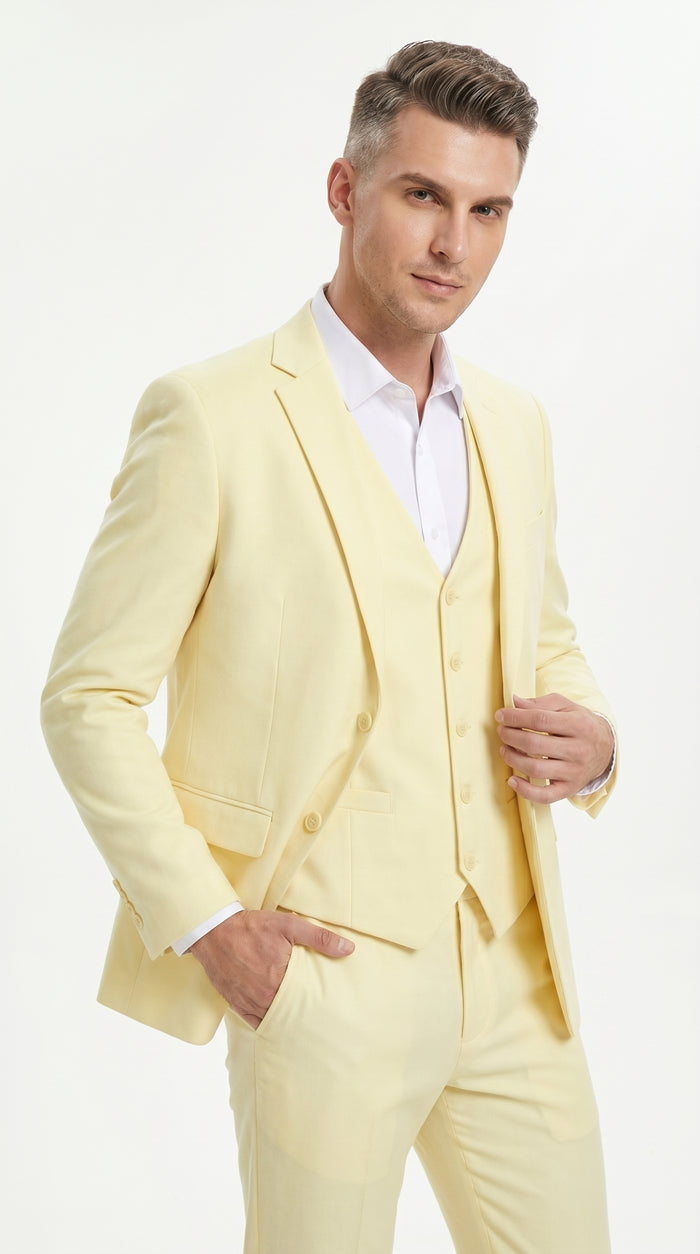 Men’s Yellow Seersucker Suit with Jacket, Vest and Pants, Summer Wedding Prom Dress Suit Modern Fit
