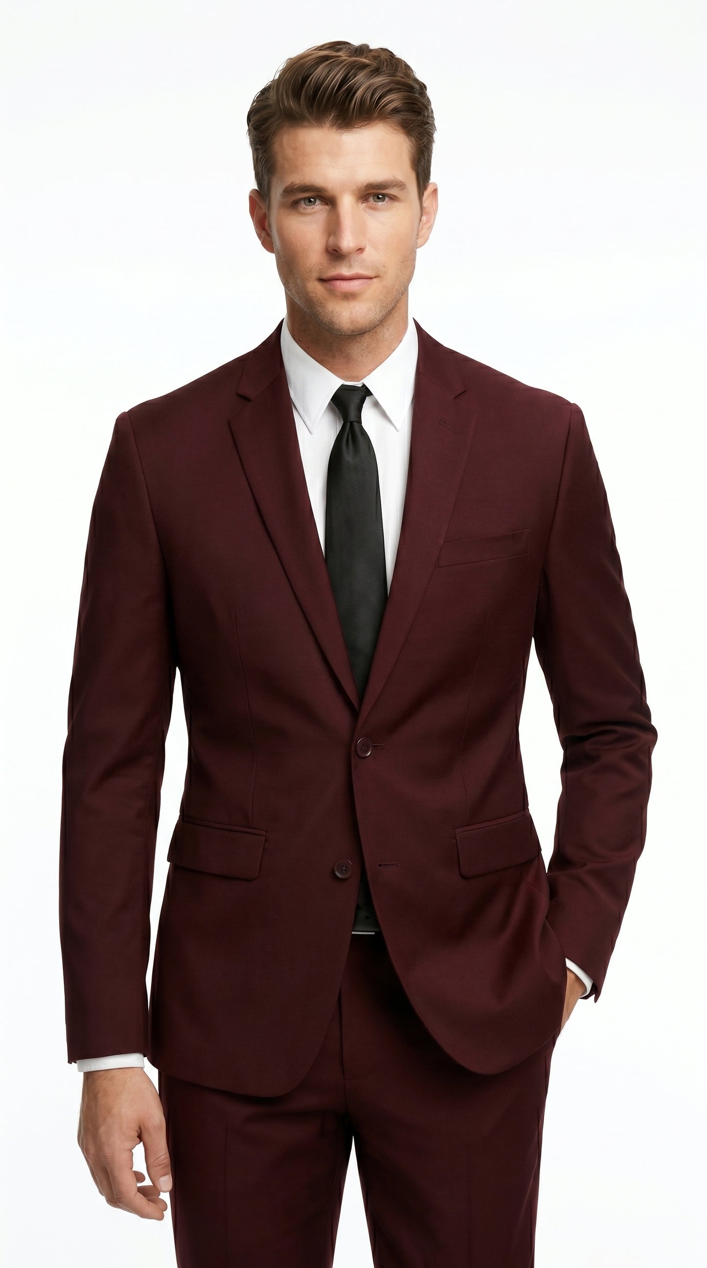Men’s Burgundy Maroon Wine Suit with 2 Button Jacket and Matching Pants, Formal Wedding Dress Suit
