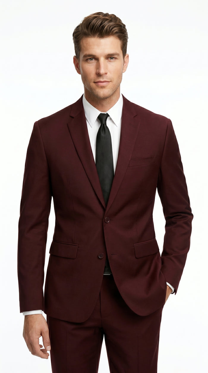 Men’s Burgundy Maroon Wine Suit with 2 Button Jacket and Matching Pants, Formal Wedding Dress Suit