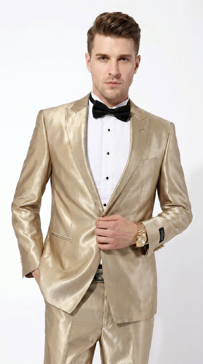 Men’s Champagne Tan Shiny Sharkskin 2 Button Suit, Formal Wedding Prom Dress Suit