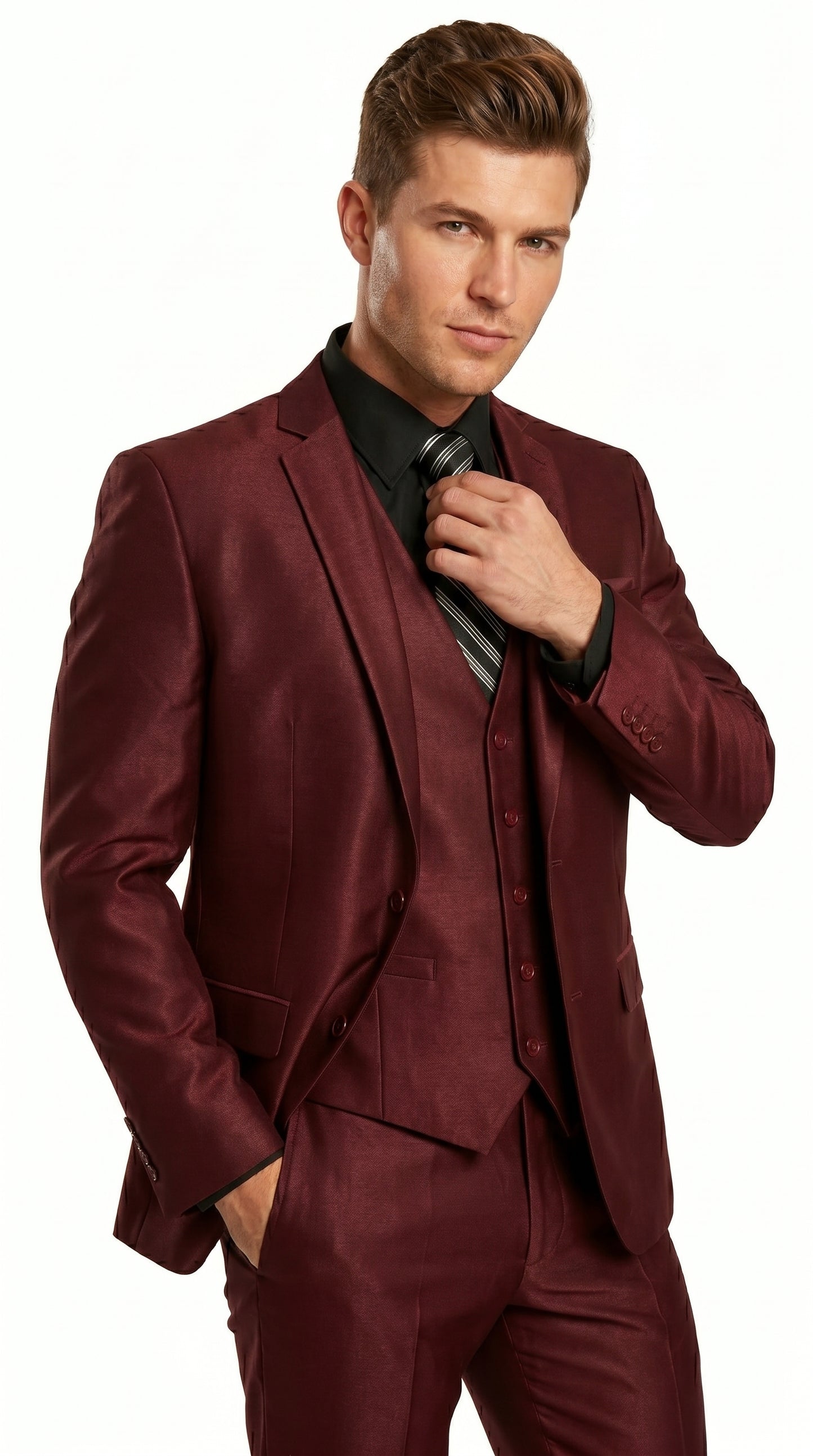 Men’s Burgundy Wine Maroon Sharkskin Vested Suit with Jacket, Vest and Pants