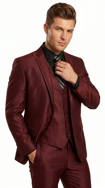 Men’s Burgundy Wine Maroon Sharkskin Vested Suit with Jacket, Vest and Pants