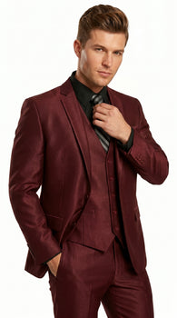 Men’s Burgundy Wine Maroon Sharkskin Vested Suit with Jacket, Vest and Pants
