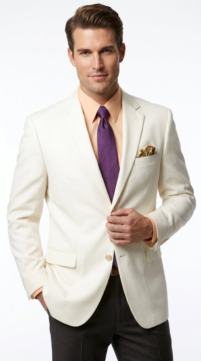 Men’s Ivory Cream Blazer with 2 Button Front, Off White Dress Casual Sport Coat